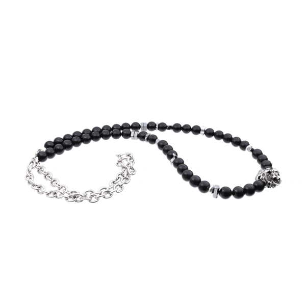 Handmade necklace made of natural black tourmaline and hematite gemstones with a silver lion's head in the center. The necklace has a clasp and decorative elements made of silver sterling. Buy online shop.