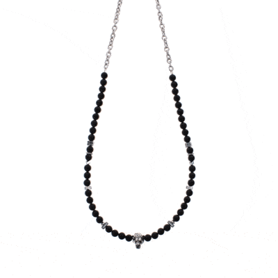 Handmade necklace made of natural black tourmaline and hematite gemstones with a silver lion's head in the center. The necklace has a clasp and decorative elements made of silver sterling. Buy online shop.