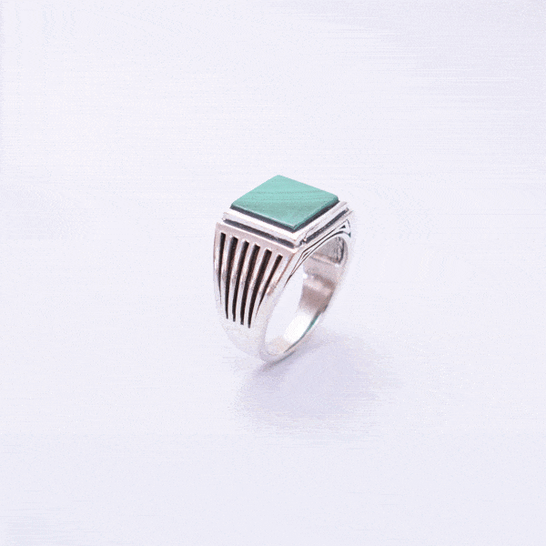 Handmade ring made of silver 925 and natural Malachite gemstone in a square shape. Buy online shop.