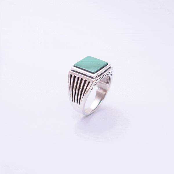 Handmade ring made of silver 925 and natural Malachite gemstone in a square shape. Buy online shop.