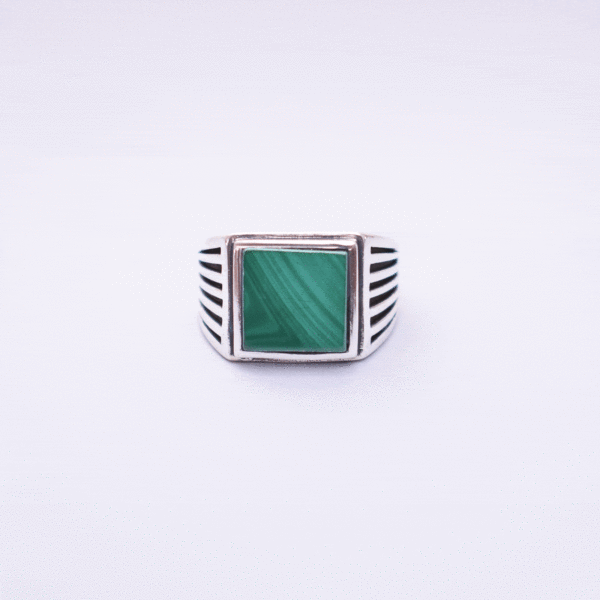 Handmade ring made of silver 925 and natural Malachite gemstone in a square shape. Buy online shop.