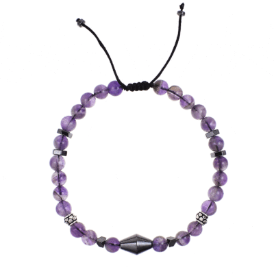 Handmade macrame bracelet with natural spherical amethyst gemstones and decorative elements of natural hematite gemstones in different shapes. The stones are threaded on a waxed black string and the bracelet is decorated with sterling silver elements. Buy online shop.