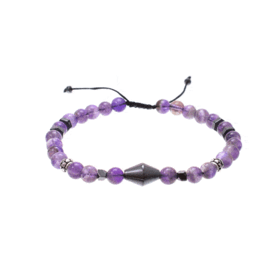Handmade macrame bracelet with natural spherical amethyst gemstones and decorative elements of natural hematite gemstones in different shapes. The stones are threaded on a waxed black string and the bracelet is decorated with sterling silver elements. Buy online shop.