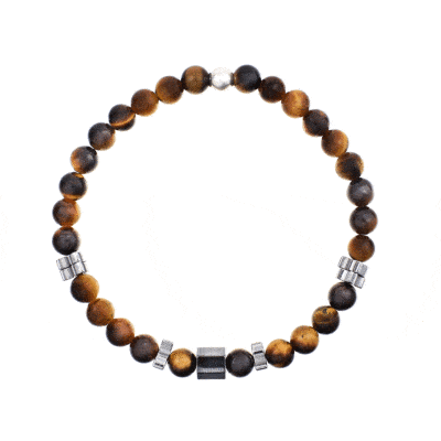 Handmade bracelet with natural spherical tiger's eye gemstones and decorative elements made of natural hematite gemstone in different shapes. The stones are threaded on a special elastic and the bracelet is decorated with sterling silver elements. Buy online shop.