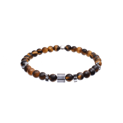 Handmade bracelet with natural spherical tiger's eye gemstones and decorative elements made of natural hematite gemstone in different shapes. The stones are threaded on a special elastic and the bracelet is decorated with sterling silver elements. Buy online shop.