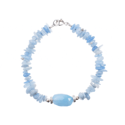 Handmade bracelet made of natural Aquamarine gemstone in an irregular and oval shape, with decorative sterling silver elements.
