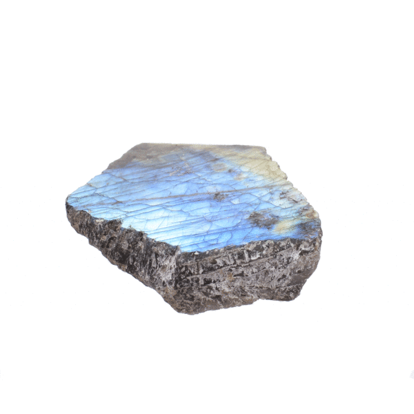 Raw 8.5cm piece of natural labradorite gemstone with one polished side. Buy online shop.
