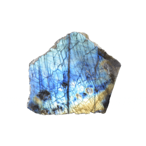 Raw 8.5cm piece of natural labradorite gemstone with one polished side. Buy online shop.