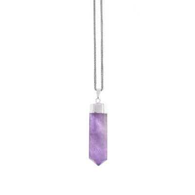 Pendant made of silver plated hypoallergenic metal and natural amethyst gemstone. Buy online shop.