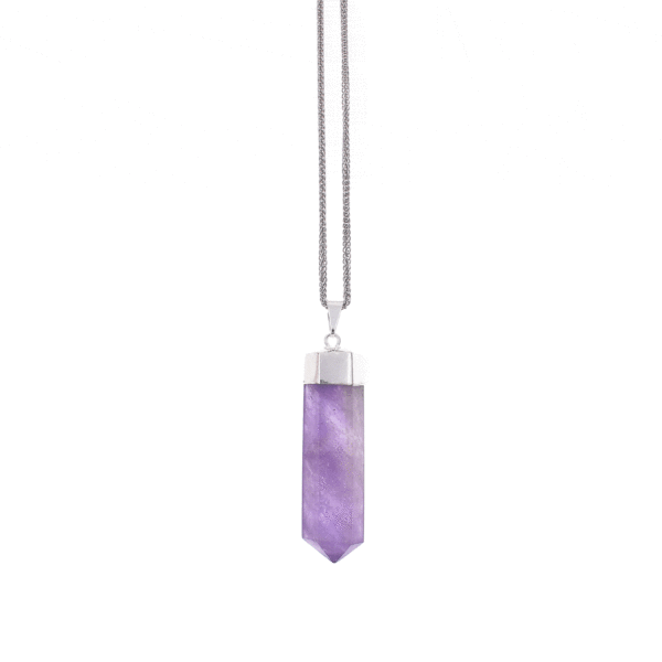 Pendant made of silver plated hypoallergenic metal and natural amethyst gemstone. Buy online shop.