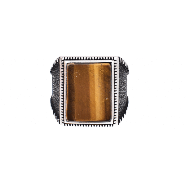 Handmade ring made of sterling silver and tiger eye gemstone, in a parallelogram shape. Buy online shop.