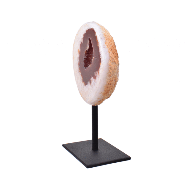 Natural agate geode gemstone with crystal quartz, embedded into a black metallic base. The product has a height of 14.5cm. Buy online shop.
