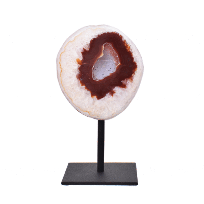 Natural agate geode gemstone with crystal quartz, embedded into a black metallic base. The product has a height of 14.5cm. Buy online shop.