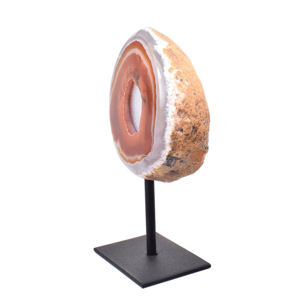 Natural brown agate geode gemstone with crystal quartz, embedded into a black metallic base. The product has a height of 15.5cm. Buy online shop.