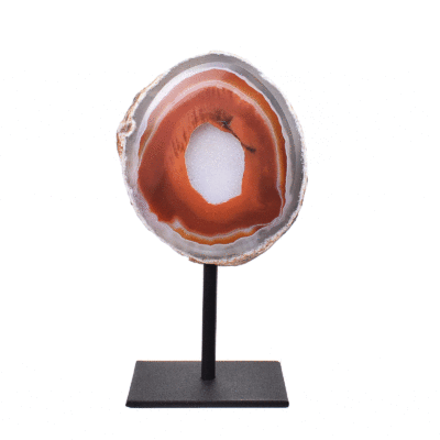 Natural brown agate geode gemstone with crystal quartz, embedded into a black metallic base. The product has a height of 15.5cm. Buy online shop.