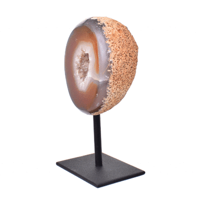 Natural agate geode gemstone with crystal quartz, embedded into a black metallic base. The product has a height of 14cm. Buy online shop.