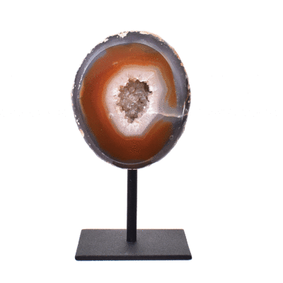 Natural agate geode gemstone with crystal quartz, embedded into a black metallic base. The product has a height of 14cm. Buy online shop.