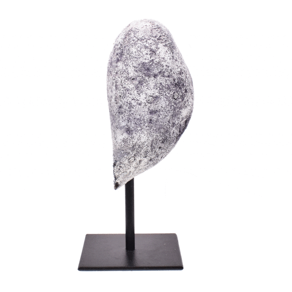 Natural purple agate geode gemstone with crystal quartz, embedded into a black metallic base. The product has a height of 16.5cm. 