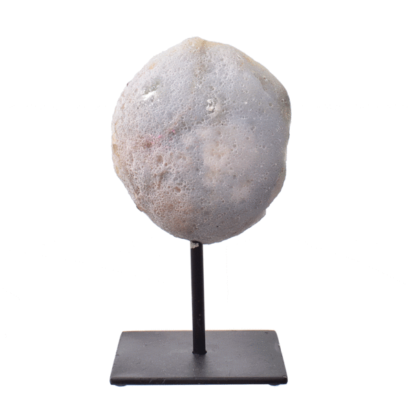 Natural agate geode gemstone with crystal quartz, embedded into a black metallic base. The product has a height of 15.5cm.  Buy online shop.
