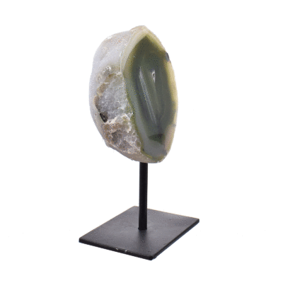 Natural agate geode gemstone with crystal quartz, embedded into a black metallic base. The product has a height of 15.5cm.  Buy online shop.