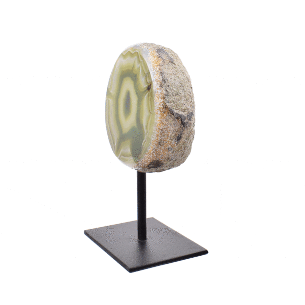 Natural green agate geode gemstone with crystal quartz, embedded into a black metallic base. The product has a height of 14.5cm. Buy online shop.