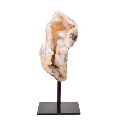 Natural agate geode gemstone with crystal quartz, embedded into a black metallic base. The product has a height of 16.5cm.  Buy online shop.