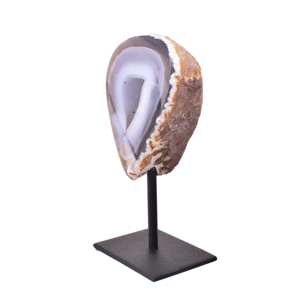 Natural agate geode gemstone with crystal quartz, embedded into a black metallic base. The product has a height of 14.5cm.  Buy online shop.