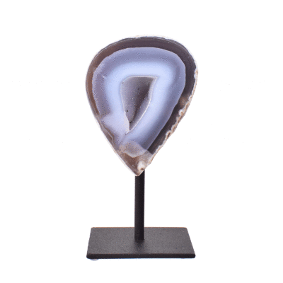 Natural agate geode gemstone with crystal quartz, embedded into a black metallic base. The product has a height of 14.5cm.  Buy online shop.