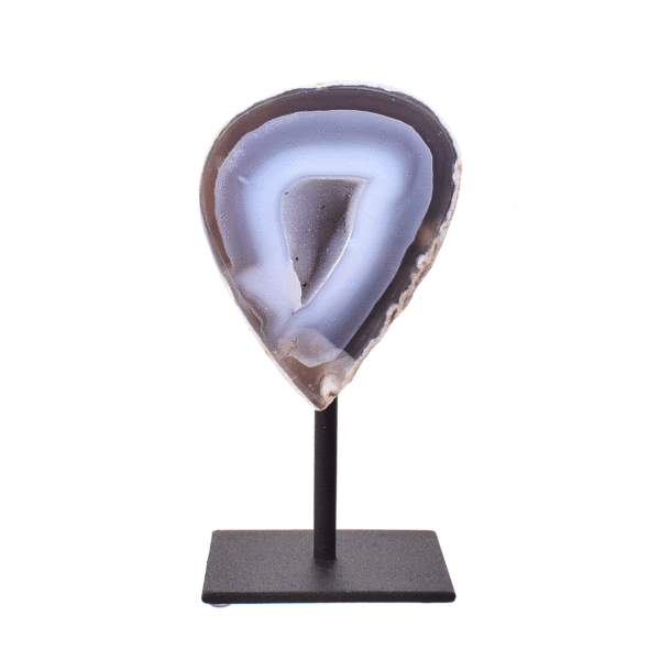 Natural agate geode gemstone with crystal quartz, embedded into a black metallic base. The product has a height of 14.5cm.  Buy online shop.