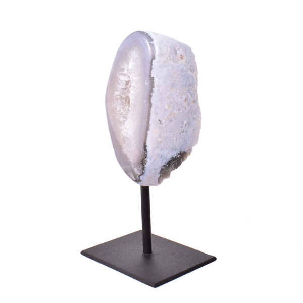 Natural agate geode gemstone with crystal quartz, embedded into a black metallic base. The product has a height of 16.5cm.  Buy online shop.