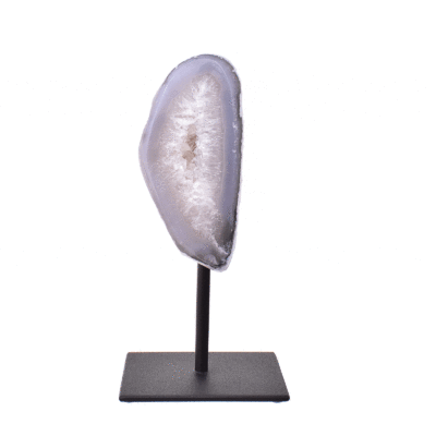 Natural agate geode gemstone with crystal quartz, embedded into a black metallic base. The product has a height of 16.5cm.  Buy online shop.