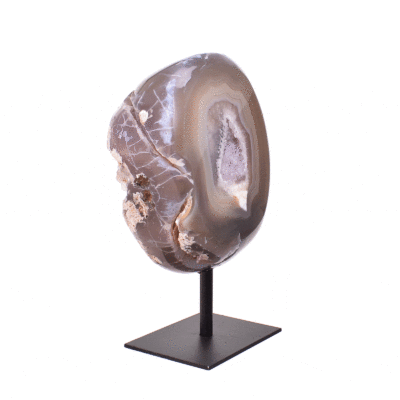 Natural agate geode gemstone with crystal quartz, embedded into a black metallic base. The product has a height of 15cm.  Buy online shop.