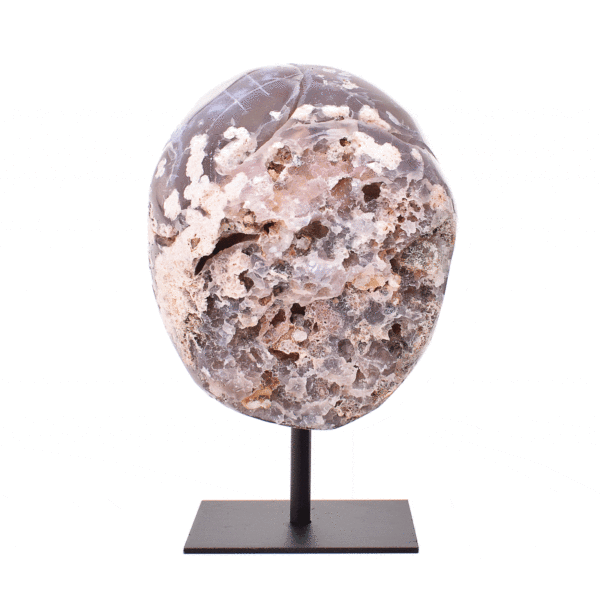 Natural agate geode gemstone with crystal quartz, embedded into a black metallic base. The product has a height of 15cm.  Buy online shop.