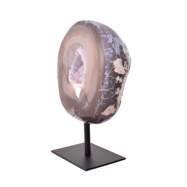Natural agate geode gemstone with crystal quartz, embedded into a black metallic base. The product has a height of 15cm.  Buy online shop.