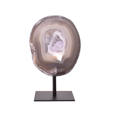 Natural agate geode gemstone with crystal quartz, embedded into a black metallic base. The product has a height of 15cm.  Buy online shop.