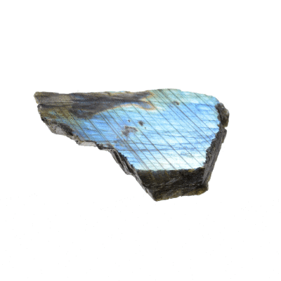Raw natural Labradorite piece from Madagascar, featuring one polished side that highlights its natural iridescence. Perfect for crystal collections, natural home décor, or bringing the unique energy of Labradorite into your personal space.