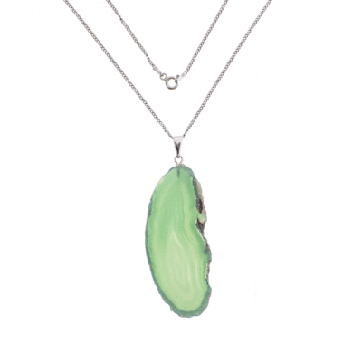 Pendant made of natural, polished slice of green agate gemstone, threaded on a sterling silver chain. 