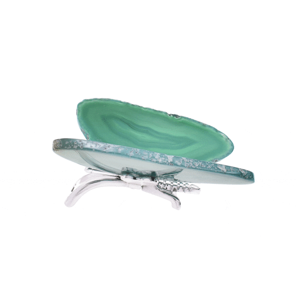 Butterfly with body made of silver plated metal and wings made of polished slices of natural green agate stone. The butterfly has a size of 10m.