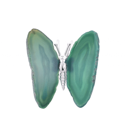 Butterfly with body made of silver plated metal and wings made of polished slices of natural green agate stone. The butterfly has a size of 10m.