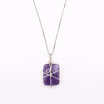 Handmade wiring setting pendant made of natural, parallelogram shaped amethyst gemstone and sterling silver. The pendant is threaded on a sterling silver chain. Buy online shop.