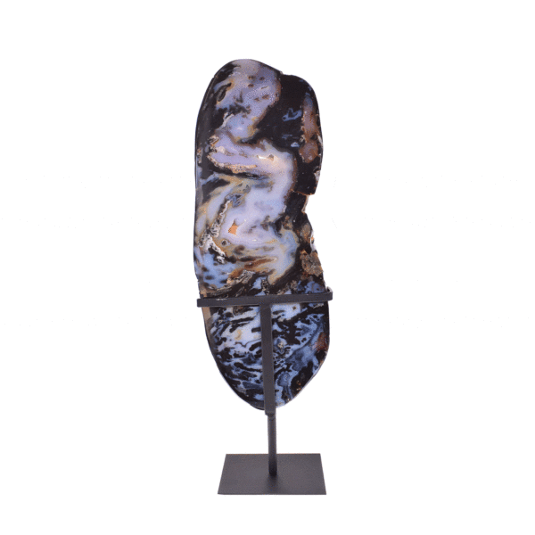 Polished slice of natural agate gemstone with crystal quartz, placed on a black metallic base. The slice of agate with the base has a height of 60cm. Buy online shop.