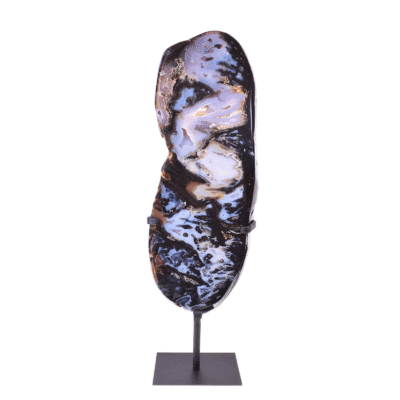 Polished slice of natural agate gemstone with crystal quartz, placed on a black metallic base. The slice of agate with the base has a height of 60cm. Buy online shop.