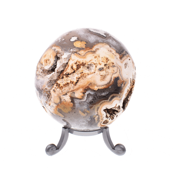 Sphere made of natural agate gemstone with crystal quartz and a diameter of 7cm. The sphere comes with a grey plexiglass base. Buy online shop.