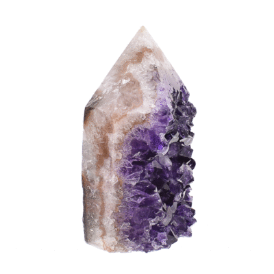 A 8.5cm point made of natural amethyst geode gemstone with polished outline. Buy online shop.