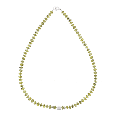 Handmade necklace made of natural, wheel and spherical shaped peridot gemstones, decorated with sterling silver elements. Buy online shop.