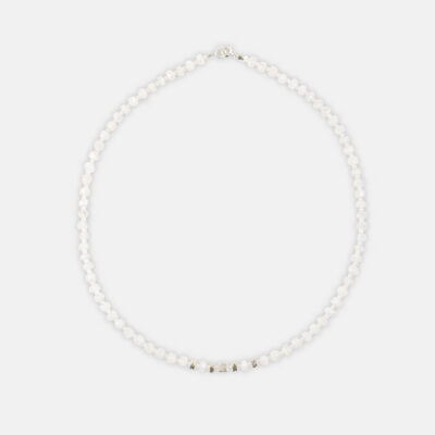 Handmade necklace with natural, white, wheel and spherical shaped labradorite gemstones and decorative sterling silver elements.
