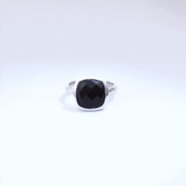 Handmade ring made of natural, faceted, square shaped black onyx gemstone and sterling silver.