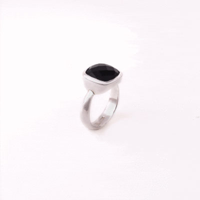 Handmade ring made of natural, faceted, square shaped black onyx gemstone and sterling silver.