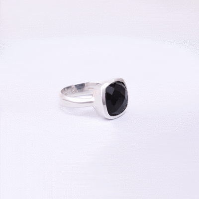 Handmade ring made of natural, faceted, square shaped black onyx gemstone and sterling silver.