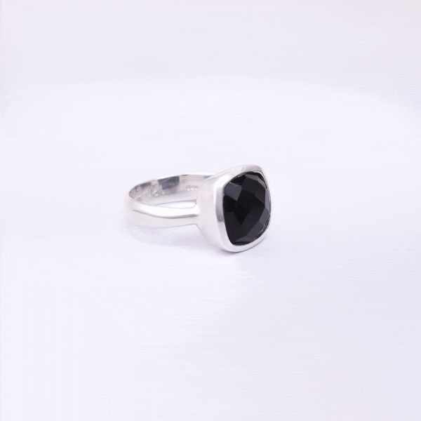 Handmade ring made of natural, faceted, square shaped black onyx gemstone and sterling silver.